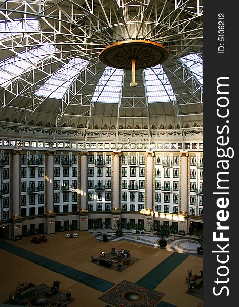 Free-spanning dome covers an atrium in a grand hotel in America. Free-spanning dome covers an atrium in a grand hotel in America