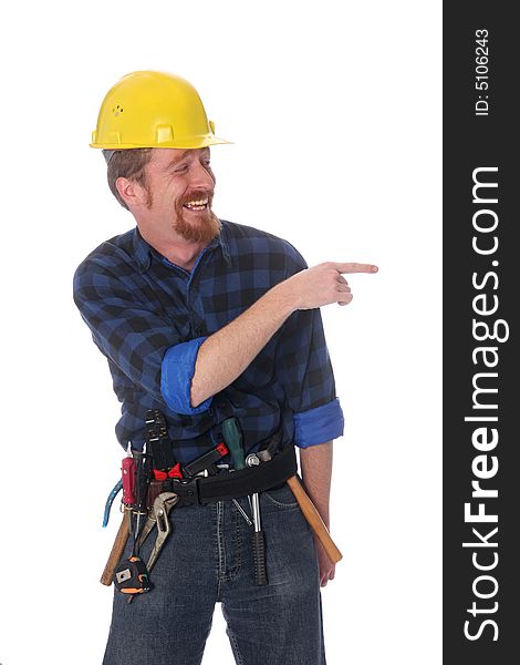 An construction worker tittering on white background