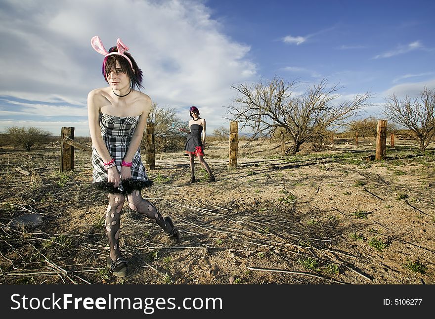 Two punk girls posing in a rural setting. Two punk girls posing in a rural setting