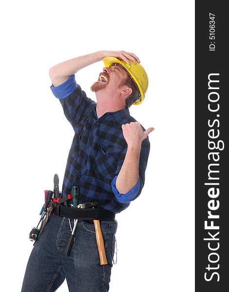 An construction worker tittering on white background