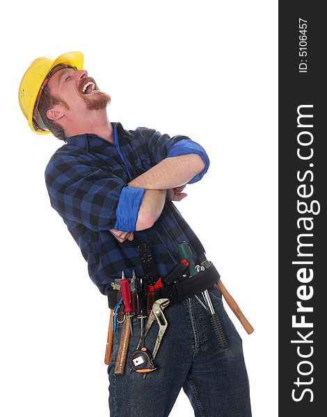 An construction worker tittering on white background