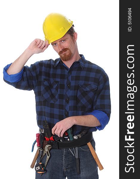 Construction worker with helmet on white background