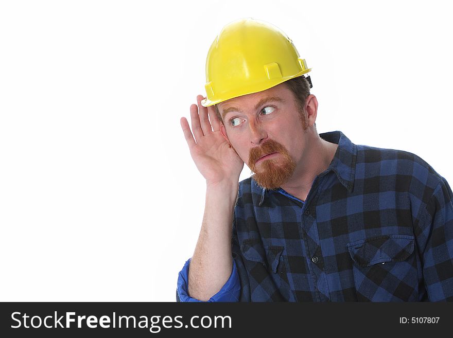 Construction worker with hand on ear on white background