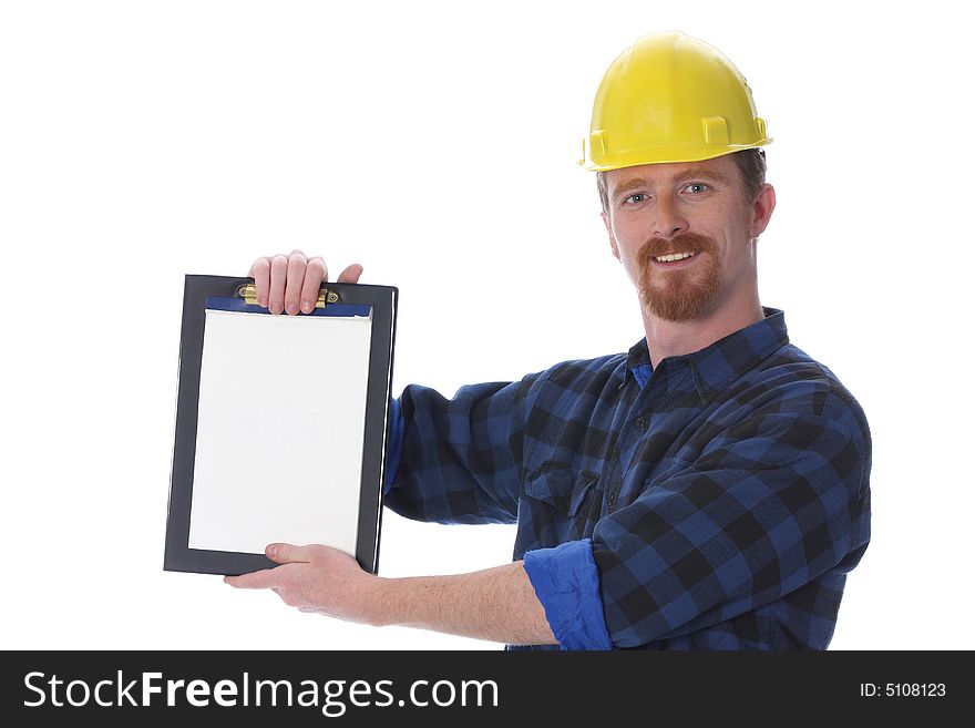 Construction worker with documents on white background