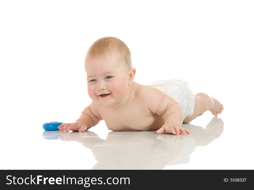 Small baby with a toy isolated over white