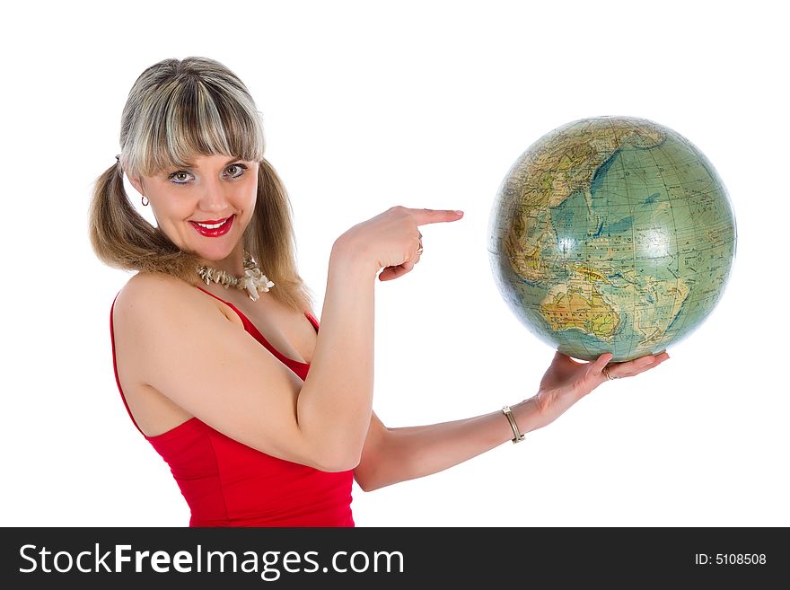 Young woman with  globe on  white  background