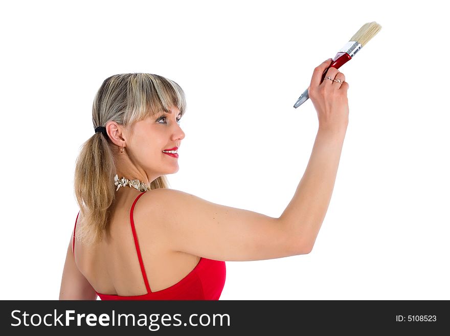 Woman with paintbrush on white background