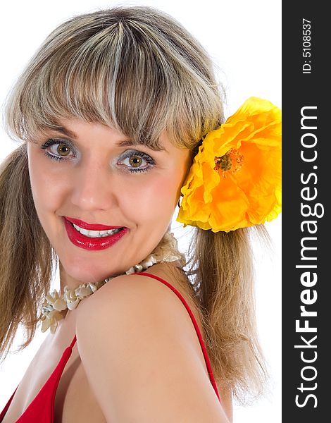Girl with flower on white background