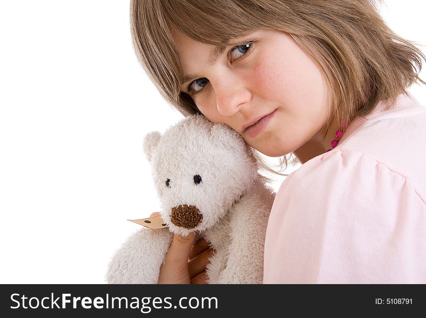 The Young Girl With A Teddy Bear Isolated