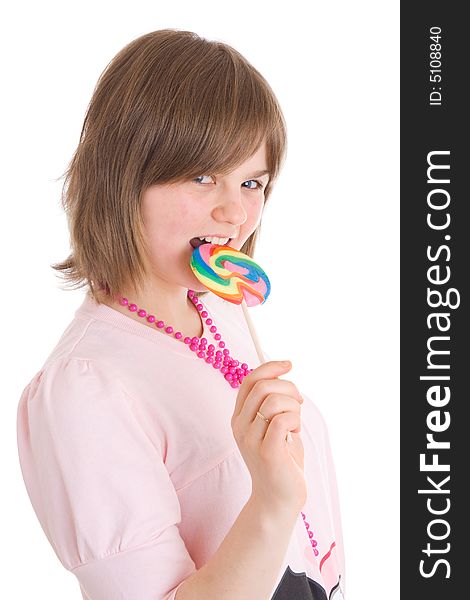 The girl with a sugar candy isolated on a white background