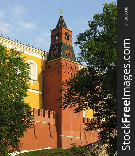 View of Moscow Kremlin wall with a tower, Russia. View of Moscow Kremlin wall with a tower, Russia