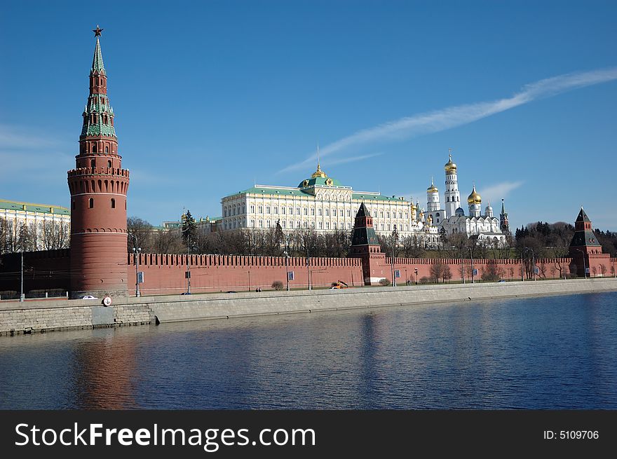 Moscow Kremlin wall with towers, view from Moscow river, Russia