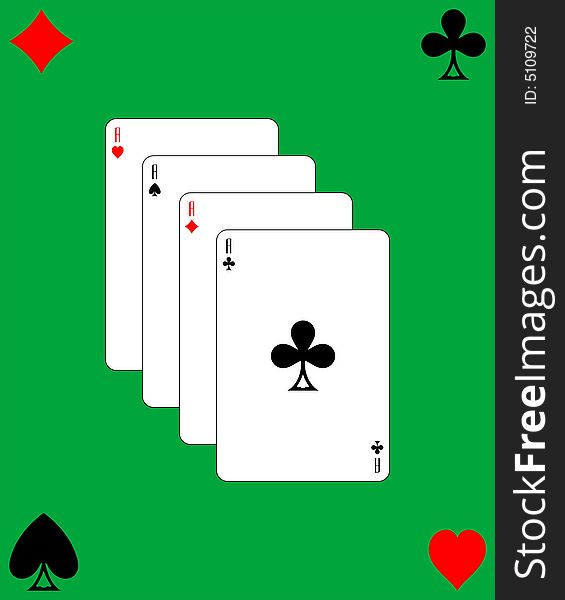 Playing cards. Four aces poker hand over green table game as background