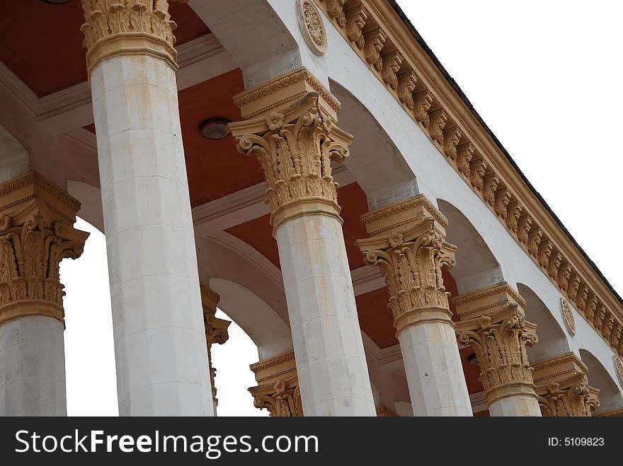 White columns and roof of old house, Kiev, Ukraine, Exhibition center