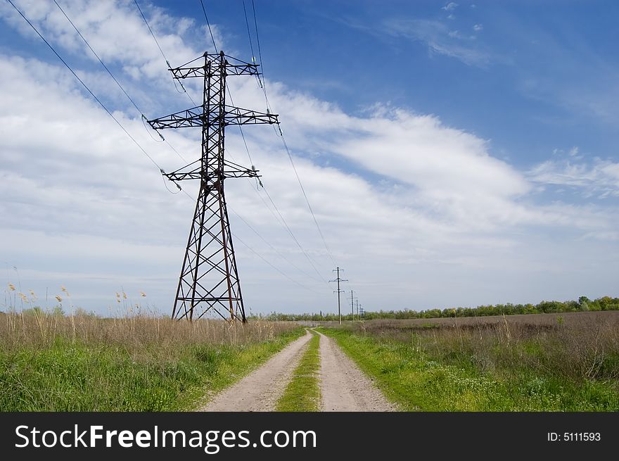 Landscape: road,  field, clouds and electric column. Landscape: road,  field, clouds and electric column