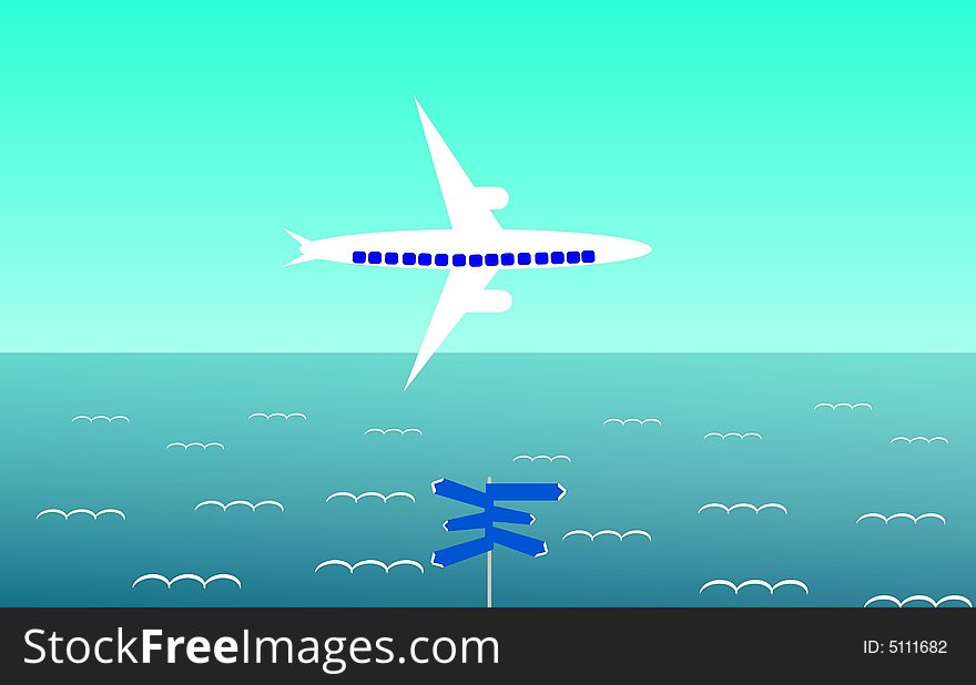 Illustration of an airplane flying above the sea. Illustration of an airplane flying above the sea