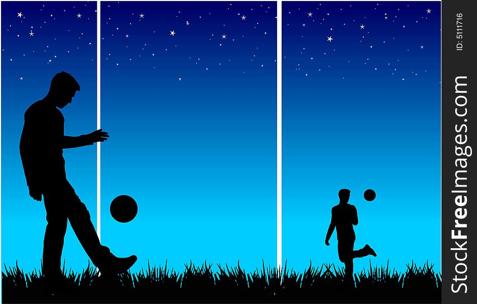 Two young athlets playing with football in the middle of the night. Two young athlets playing with football in the middle of the night