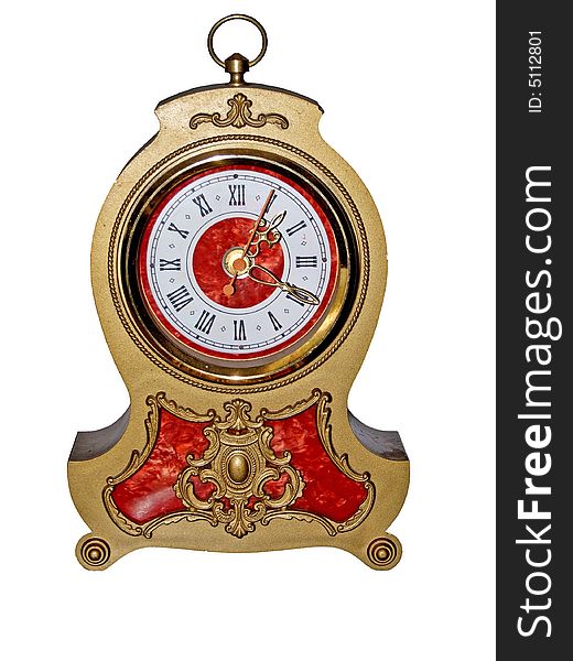 Golden clock isolated on white, with clipping path