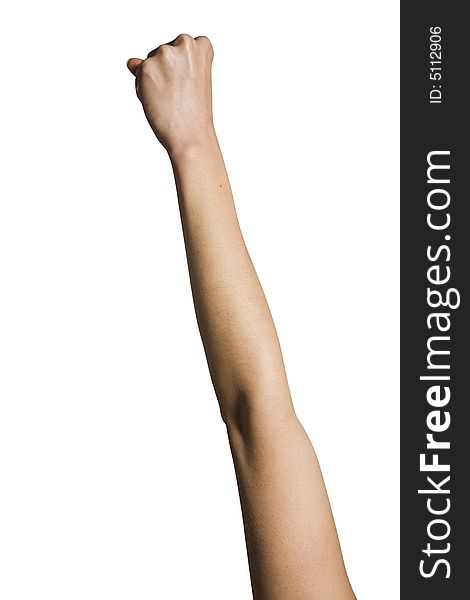 Woman's left fist held up against white background