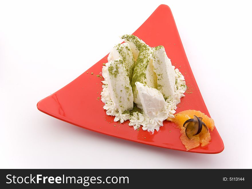 Icecream on red plate for sushi. Icecream on red plate for sushi