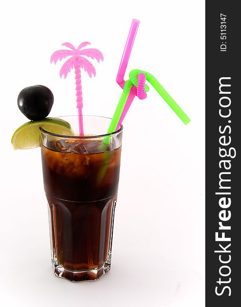 Cocktail with cola and alcohol on white. Cocktail with cola and alcohol on white