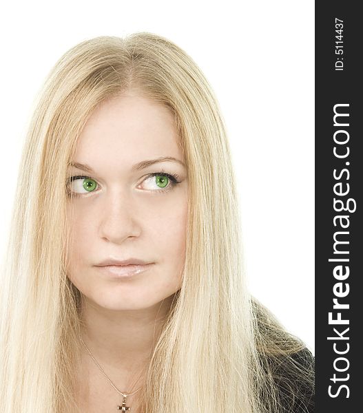 Portrait of pretty green-eyed blonde in black on white background