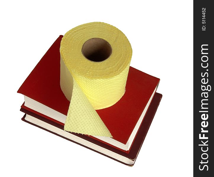 Two books and toilet paper on a white background