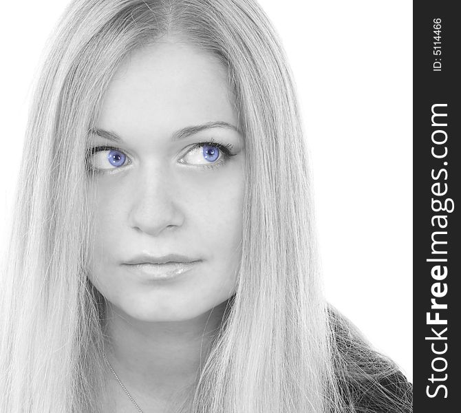 Monochrome portrait of pretty blue-eyed woman on white background