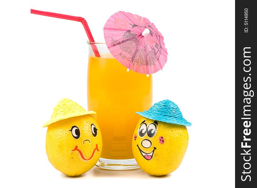 Cheerful little men from a fresh lemon and a juice glass isolated on a white background. Cheerful little men from a fresh lemon and a juice glass isolated on a white background