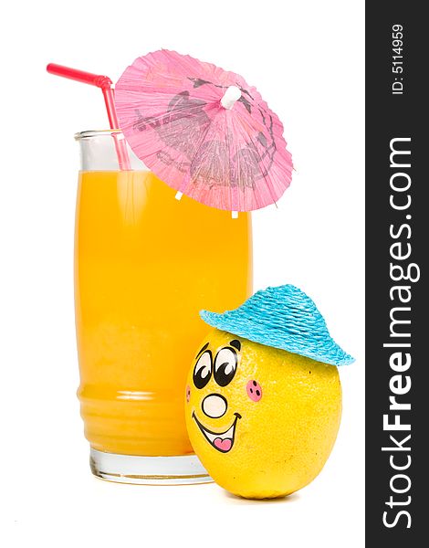 Cheerful little men from a fresh lemon and a juice glass isolated on a white background. Cheerful little men from a fresh lemon and a juice glass isolated on a white background