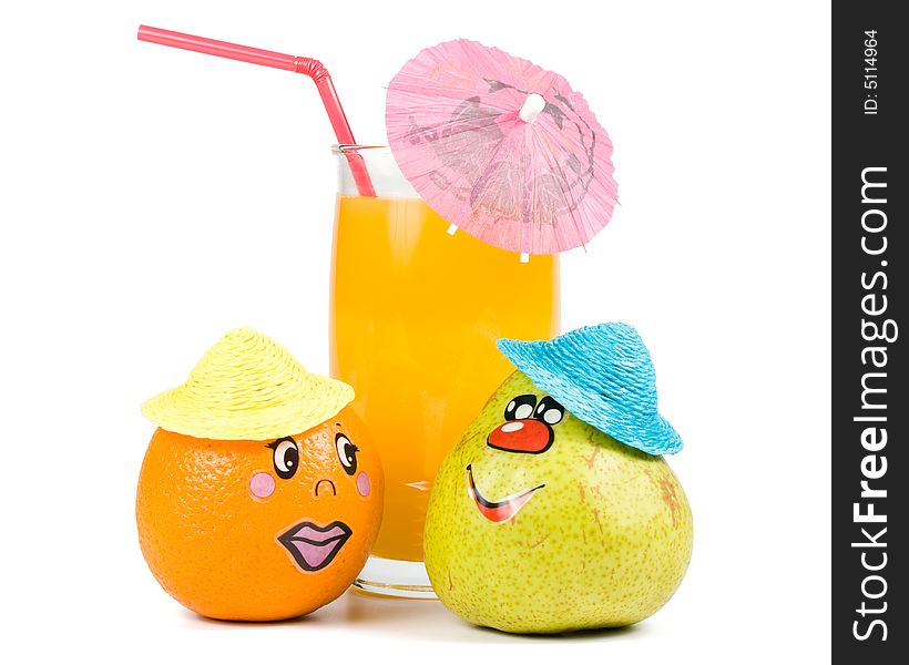 Cheerful little men from a fresh orange and pear and a juice glass isolated on a white background. Cheerful little men from a fresh orange and pear and a juice glass isolated on a white background