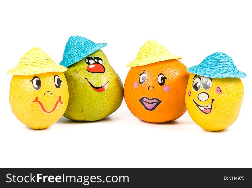 Cheerful little men from a fresh fruits isolated on a white background. Cheerful little men from a fresh fruits isolated on a white background