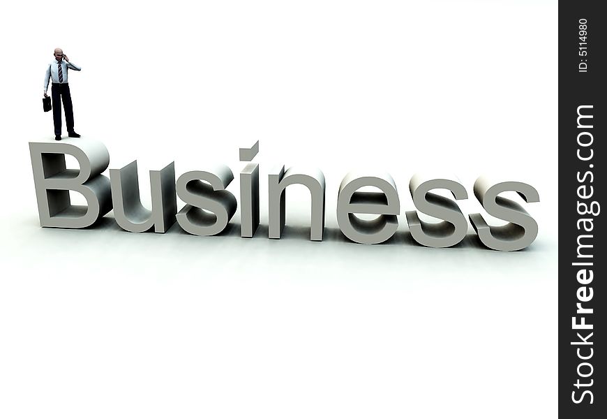 An conceptual image of a business man standing on a giant bit of text that says business. An conceptual image of a business man standing on a giant bit of text that says business.