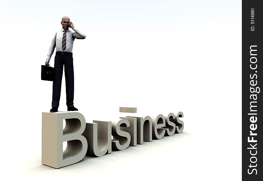 An conceptual image of a business man standing on a giant bit of text that says business. An conceptual image of a business man standing on a giant bit of text that says business.