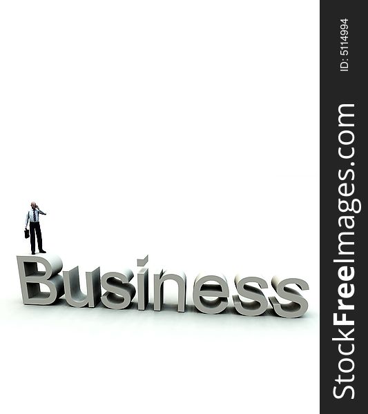 An conceptual image of a business man standing on a giant bit of text that says business. An conceptual image of a business man standing on a giant bit of text that says business.