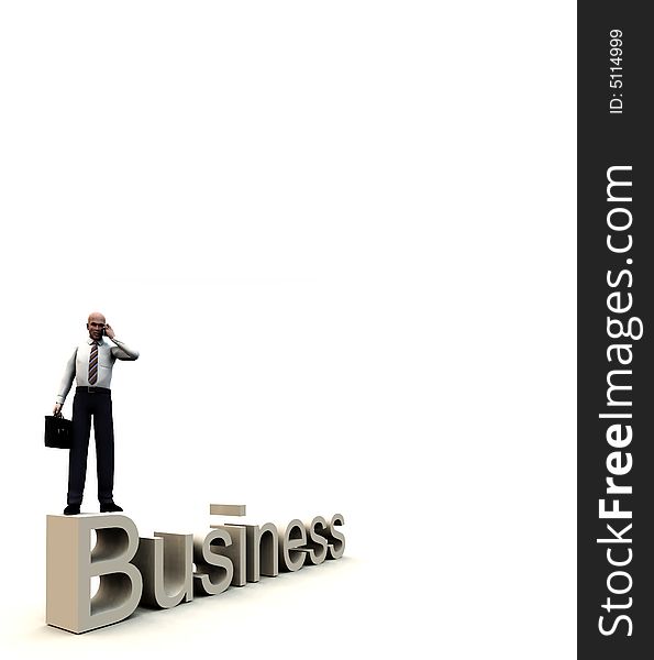 An conceptual image of a business man standing on a giant bit of text that says business. An conceptual image of a business man standing on a giant bit of text that says business.