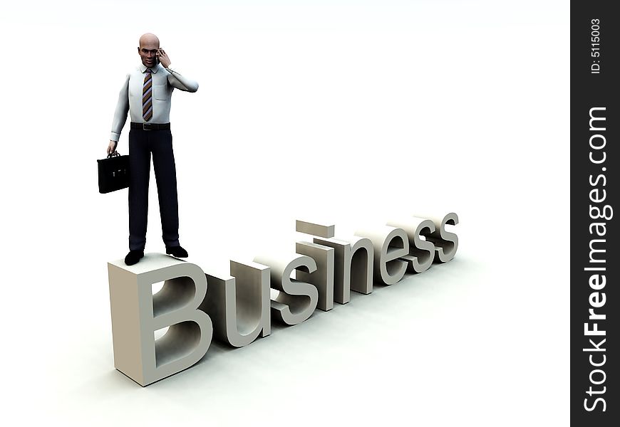 An conceptual image of a business man standing on a giant bit of text that says business. An conceptual image of a business man standing on a giant bit of text that says business.