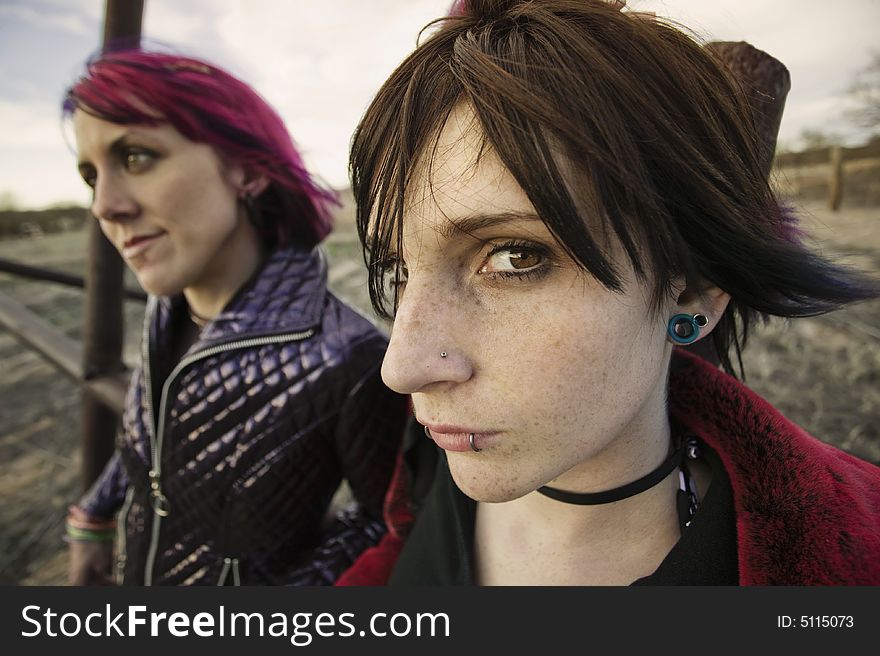 Two punk girls posing in a rural setting. Two punk girls posing in a rural setting