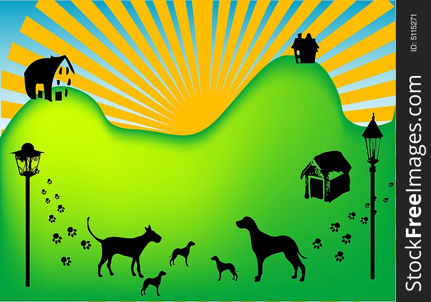 Abstract colored background with dogs and puppies near two hills