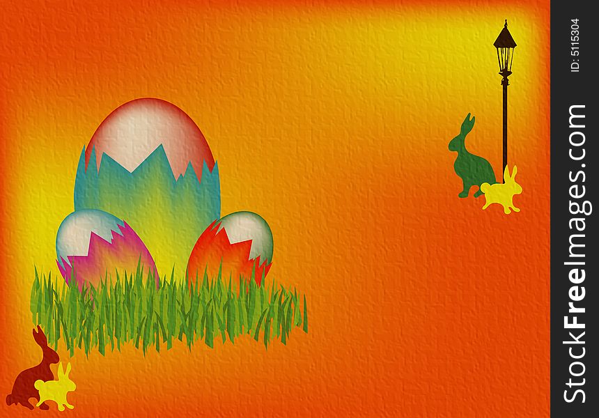 Abstract illustration with bunnies, street lamp and colored eggs