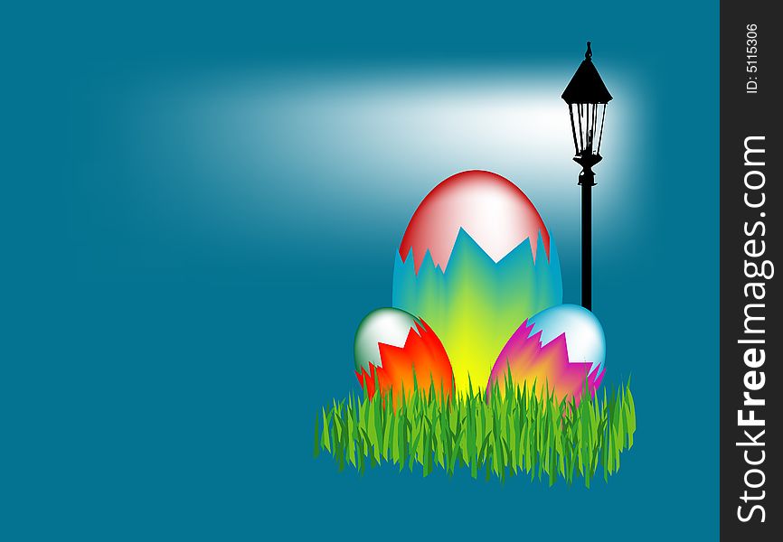 Abstract blue illustration with street lamp and colored eggs. Abstract blue illustration with street lamp and colored eggs