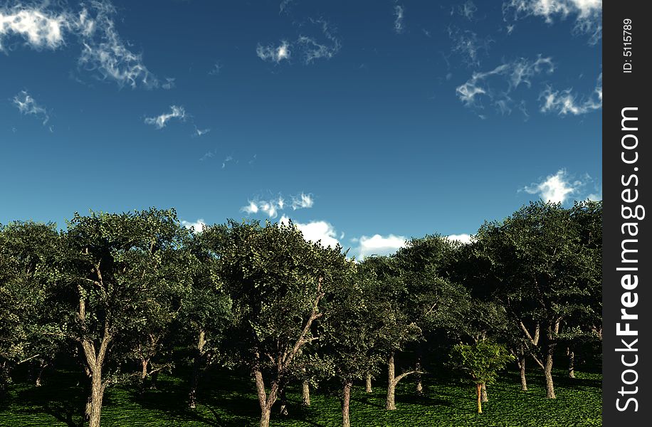 An image of some trees within a simple forest scene. An image of some trees within a simple forest scene.