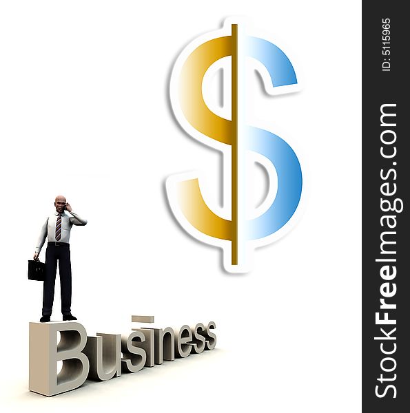 An conceptual image of a business man standing on a giant bit of text that says business. An conceptual image of a business man standing on a giant bit of text that says business.