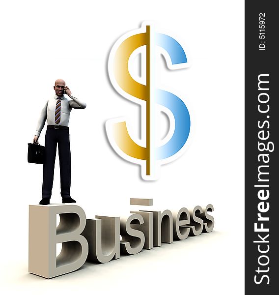 An conceptual image of a business man standing on a giant bit of text that says business. An conceptual image of a business man standing on a giant bit of text that says business.