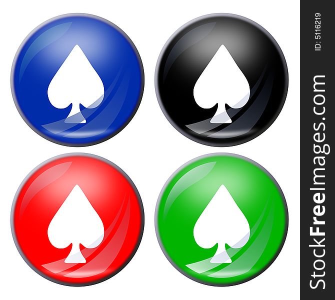 Illustration of a spade suit button in four colors. Illustration of a spade suit button in four colors