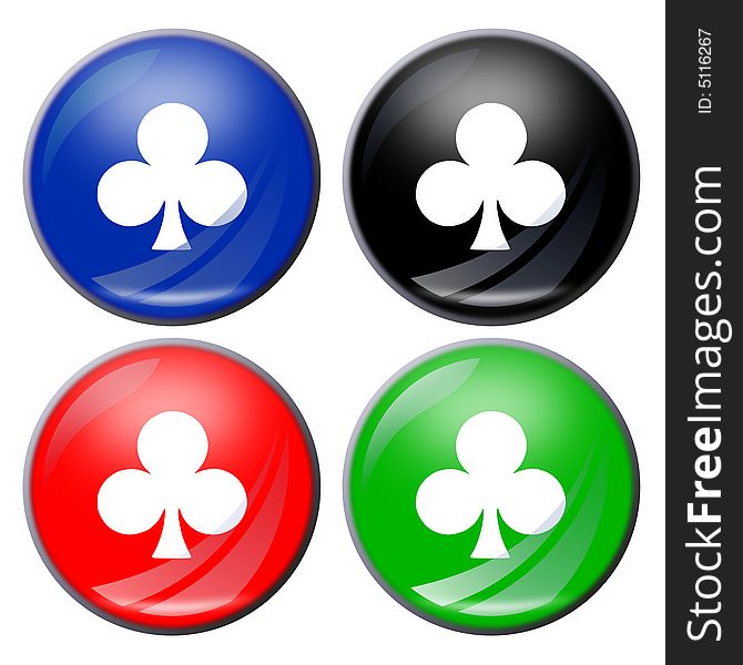 Illustration of a club suit button in four colors. Illustration of a club suit button in four colors