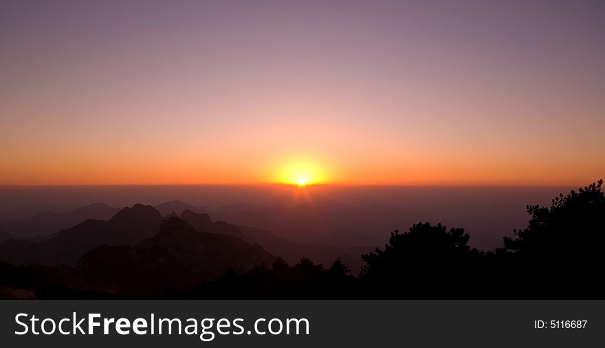 Overlook sunset at huangshan mountain