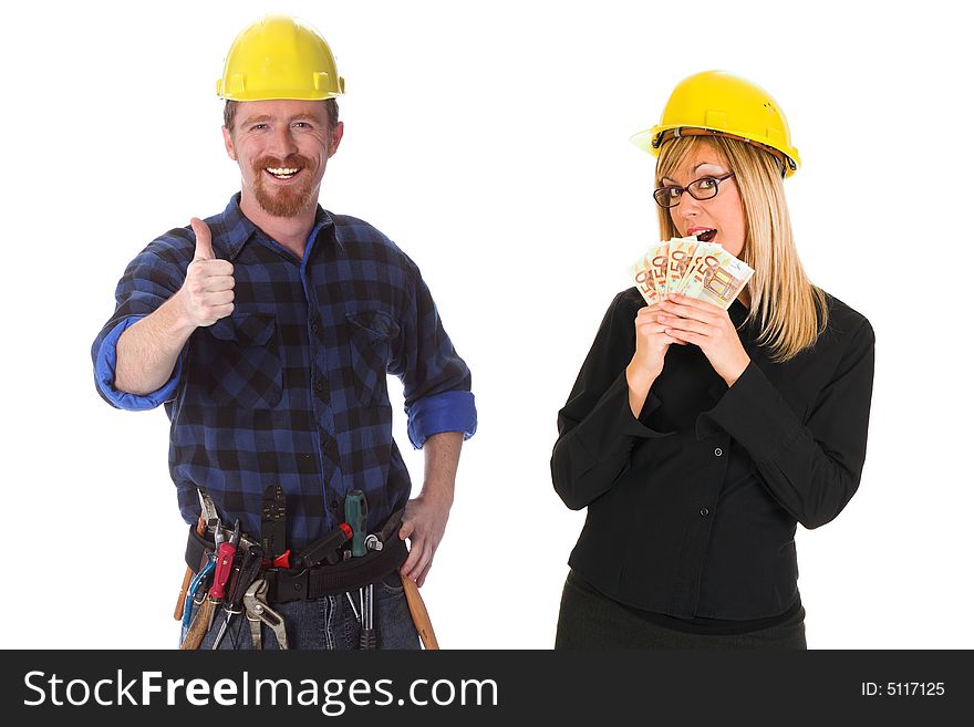 Construction worker and businesswoman with earnings on white background