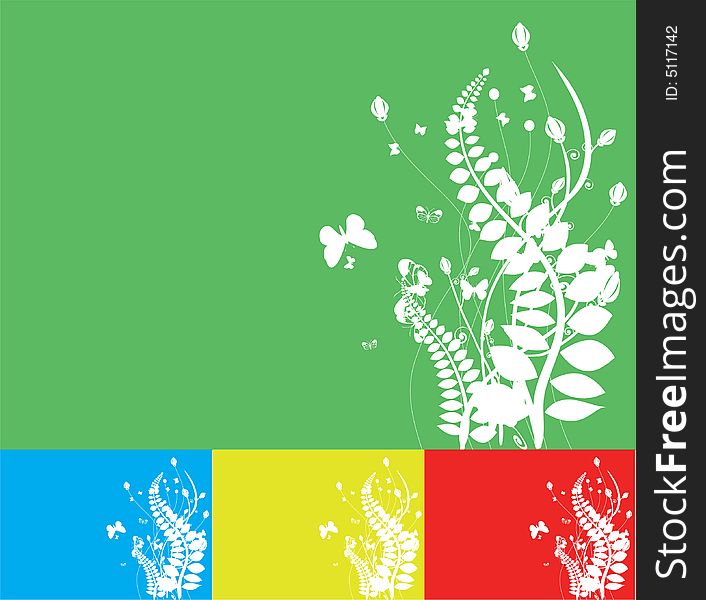 Flowers, leafs and butterflies silhouette on different colored background (vector). Flowers, leafs and butterflies silhouette on different colored background (vector)