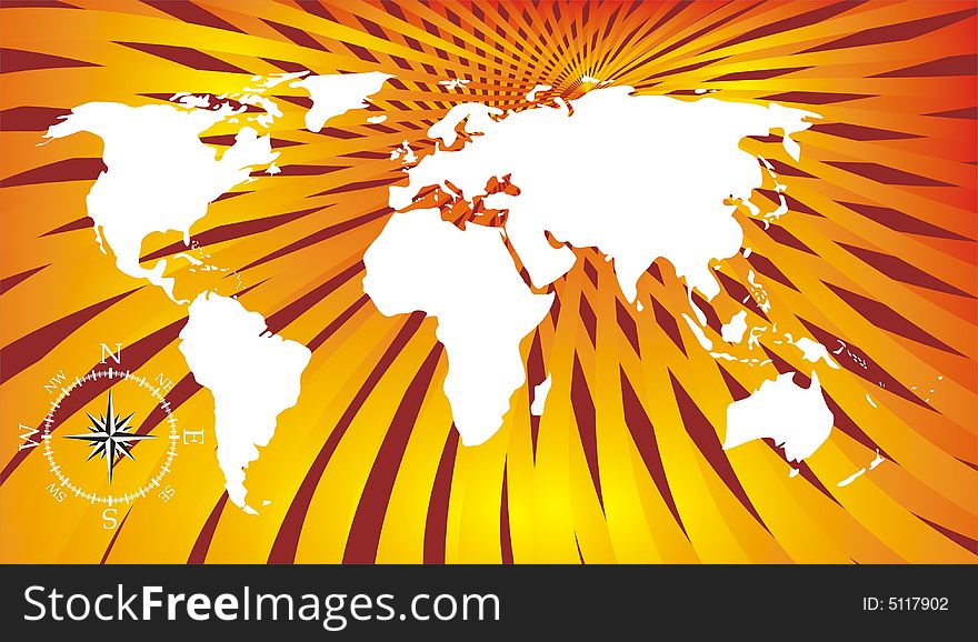 World map with compass on red and yellow background